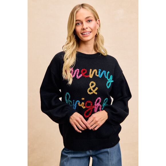 BiBi Black Holiday Christmas Tinsel Lettering Christmas Sweater NEW Medium - Picture 4 of 8